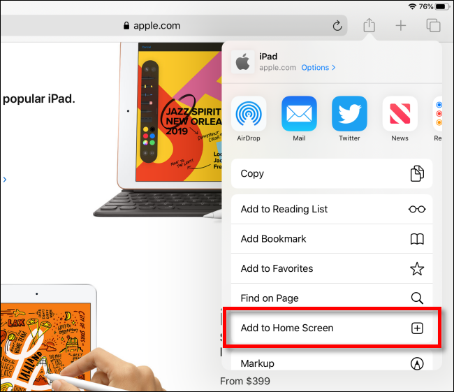 Appuyez sur Ajouter à l'écran d'accueil dans Safari sur iPad
