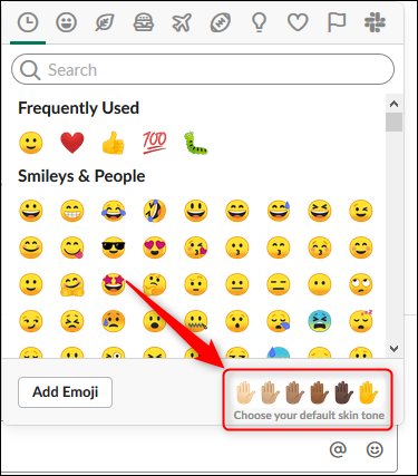 Le panneau emoji avec le choix des tons de peau mis en évidence