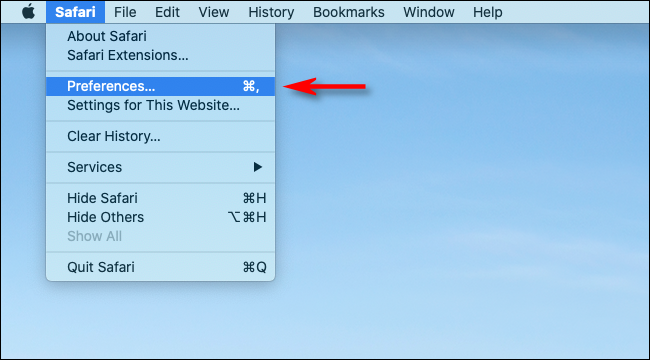 Cliquez sur Préférences dans la barre de menus de Safari sur Mac