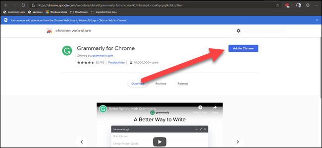 Extension de Chrome Web Gramarly avec une flèche pointant vers le bouton 