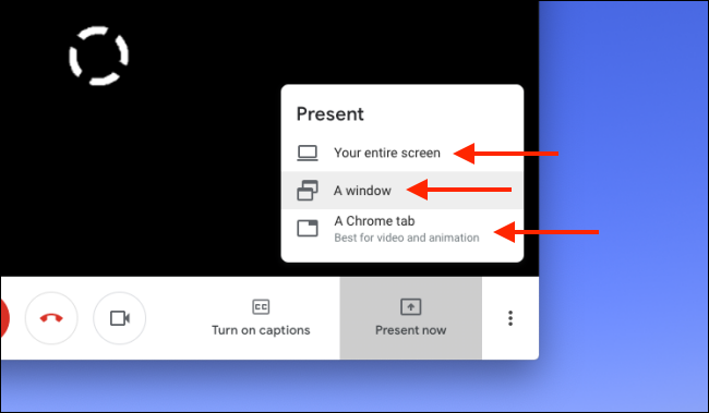 Cliquez sur "Tout votre écran," "Une fenêtre," ou alors "Un onglet Chrome" à partager dans Google Meet.