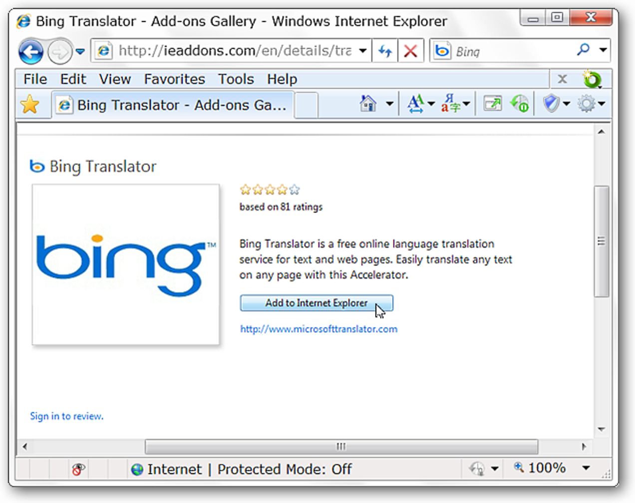 Traduire des langues dans IE 8 avec Bing Translator