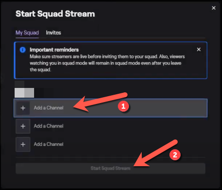 Cliquez sur "Ajouter une chaîne" pour inviter d'autres streamers Twitch au stream de l'équipe Twitch.  Une fois que vous êtes prêt à commencer la diffusion, cliquez sur le bouton "Démarrer Squad Stream" bouton.