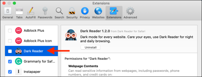 Cliquez sur Dark Reader pour activer l'extension