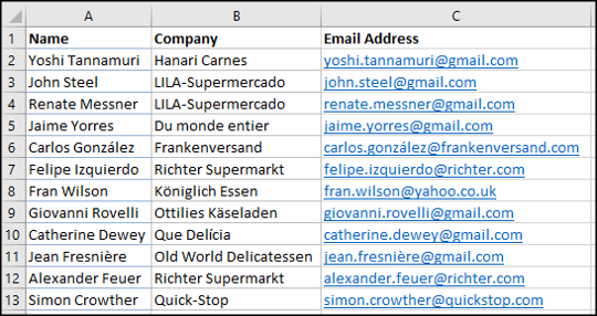 Liste de contacts dans Excel