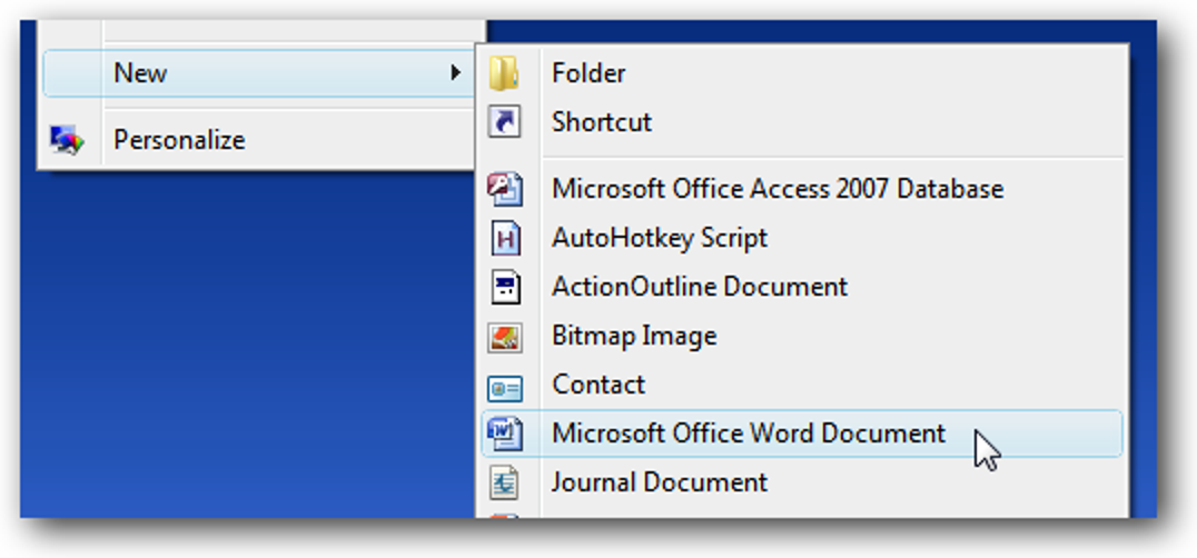 Ajouter des documents Word / Excel 97-2003 au menu contextuel «Nouveau» après l'installation d'Office 2007