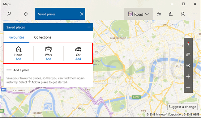 Dans vos lieux enregistrés, cliquez sur Ajouter pour enregistrer un emplacement pour la maison, le travail et la voiture