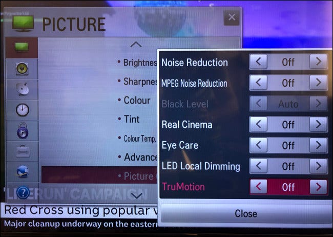 le "TruMotion" réglage désactivé dans le "Photo" menu sur un téléviseur LG.