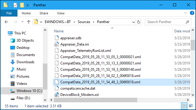 Fichier CompatData dans le dossier Panther de Windows 10