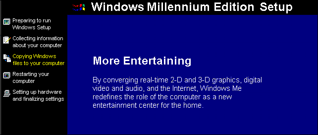 Le processus d'installation de Windows Millennium Edition.