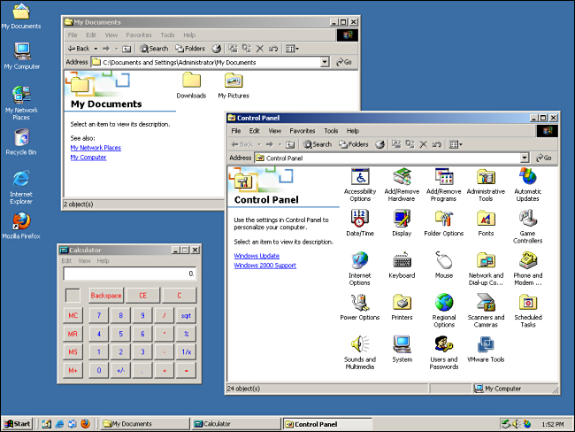 "Mes documents," "Panneau de commande," et "Calculatrice" ouvert sur un bureau Windows 2000.