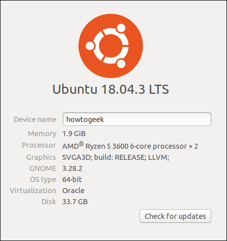 Les paramètres GNOME "À propos" onglet sur une machine virtuelle Ubuntu.