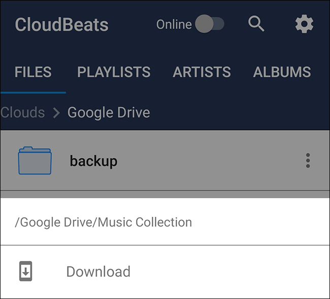 Option de téléchargement du dossier Cloudbeats Google Drive