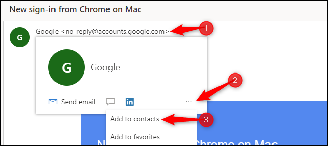 Passez la souris sur une adresse e-mail, cliquez sur le bouton "..." et sélectionnez "Ajouter aux contacts."