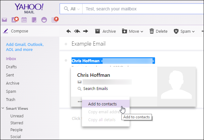 Passez la souris sur un expéditeur et cliquez sur "Ajouter aux contacts" dans Yahoo!  Poster.