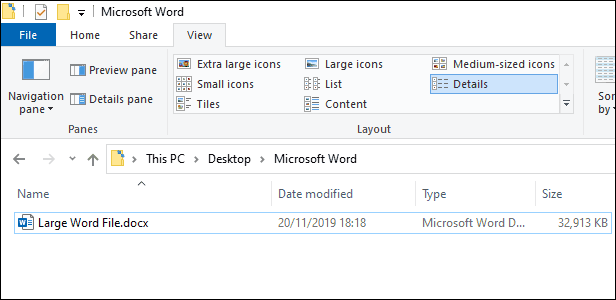 Un gros fichier Microsoft Word (32 Mo) dans l'Explorateur de fichiers Windows.