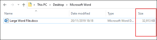 le "Taille" colonne dans l'Explorateur de fichiers Windows, indiquant la taille de fichier d'un document Microsoft Word.