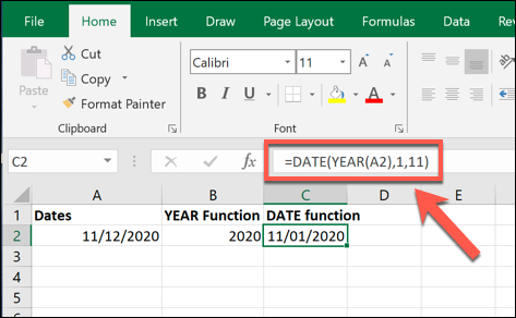 Un exemple de valeur de formule DATE, créée à l'aide de la valeur créée par une formule YEAR dans Excel