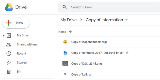 Fichiers copiés dans un dossier Google Drive.