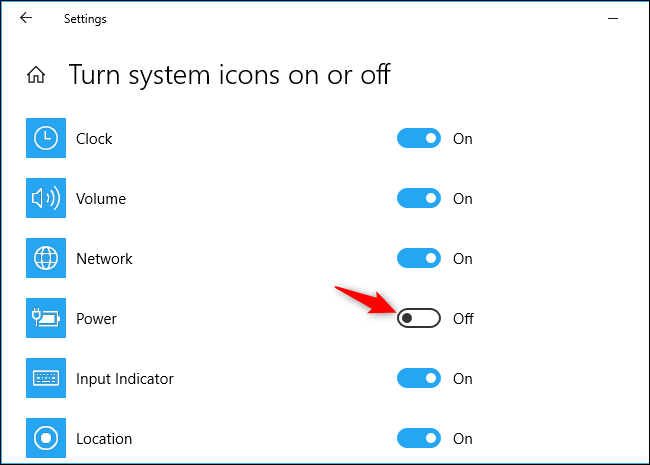 Option pour afficher l'icône de la batterie sur la barre des tâches de Windows 10 dans l'application Paramètres