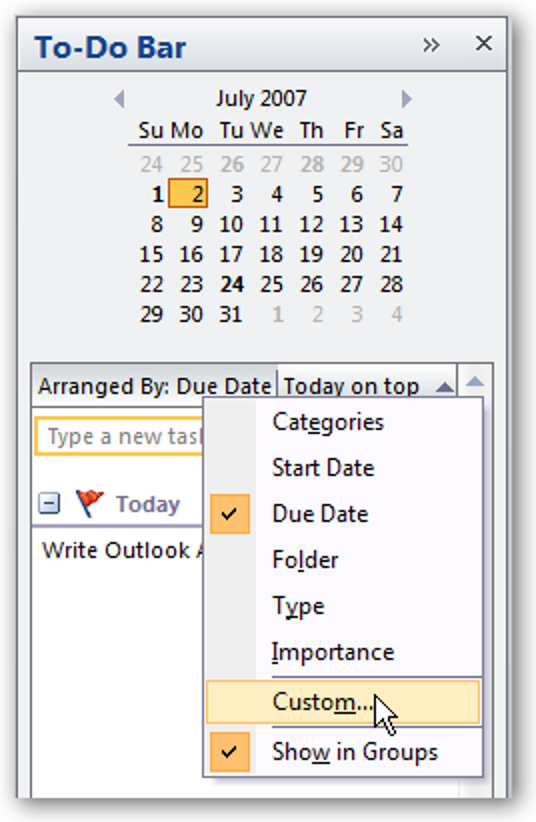Créer la barre des tâches dans Outlook 2007 Afficher uniquement les tâches du jour