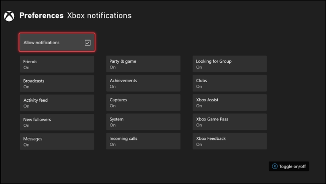 Paramètres de notification Xbox