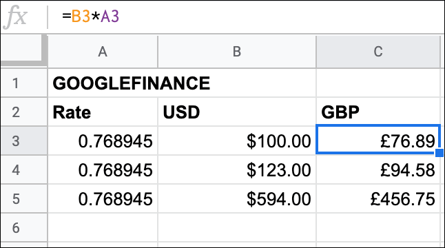 Diverses conversions de devises USD en GBP dans Google Sheets à l'aide de la fonction GOOGLEFINANCE