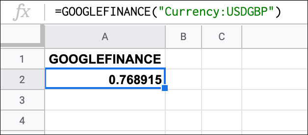 La fonction GOOGLEFINANCE dans Google Sheets, fournissant un taux de change USD à GBP