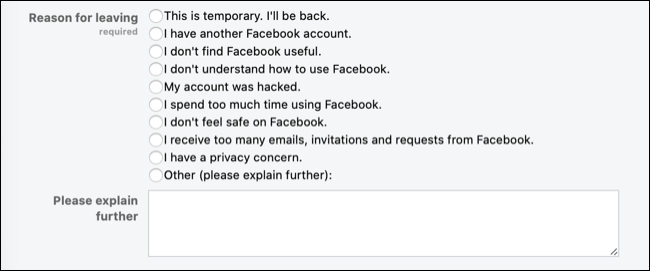 Questionnaire de désactivation de Facebook