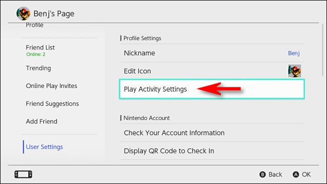 Dans les paramètres utilisateur de la Nintendo Switch, sélectionnez "Paramètres d'activité de lecture."