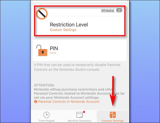 Dans l'application de contrôle parental Nintendo Switch, appuyez sur "Paramètres de la console," puis sélectionnez "Niveau de restriction."