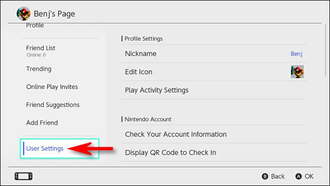 Sur votre page de profil Switch, sélectionnez "Paramètres utilisateur."