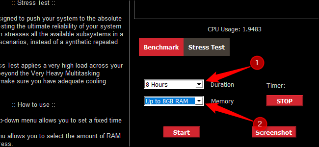 Deux flèches numérotées pointant vers la durée d'Asus Realbench et les paramètres d'utilisation de la RAM.