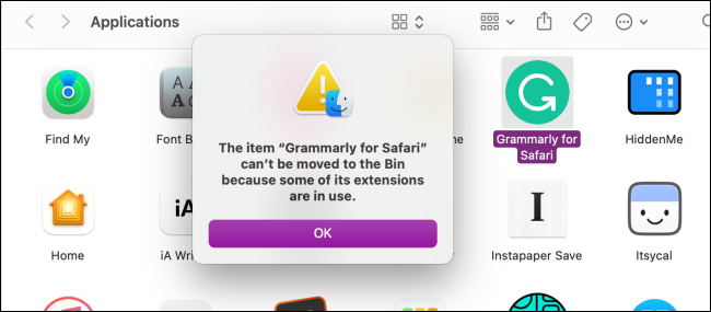 L'extension Safari ne peut pas être supprimée avant la désactivation