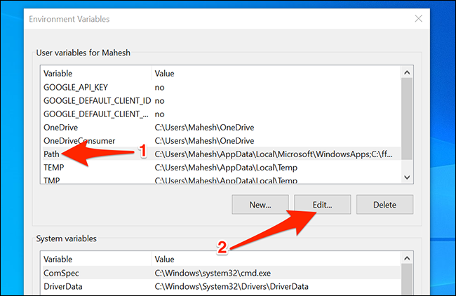 Modifier les chemins sous Windows 10
