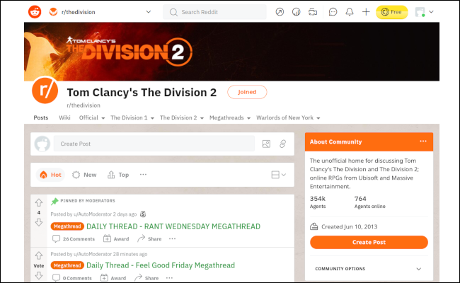 Le fond blanc de la page Reddit de la division 2, avec des reflets orange