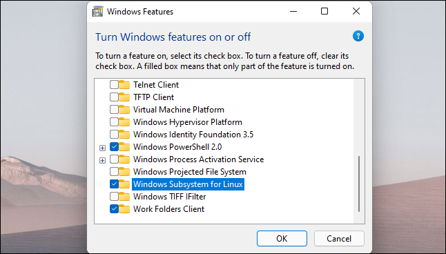 Activer le "Sous-système Windows pour Linux" option et cliquez sur "D'ACCORD."