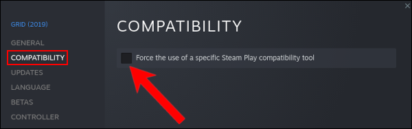 Sélectionnez l'onglet Compatibilité et cochez l'option "Forcer l'utilisation d'un outil de compatibilité Steam Play spécifique"