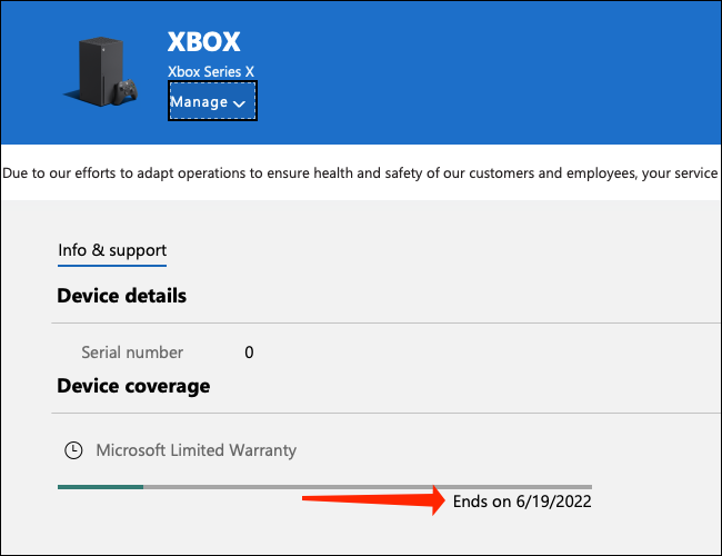 Vous trouverez les informations de garantie pour votre Xbox Series X|S dans le "Couverture de l'appareil" section, qui se trouve sous le numéro de série sur la page Appareils Microsoft.