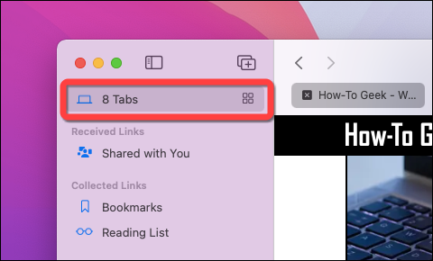 Faites un clic droit sur le "Onglets" bouton dans le "Barre latérale" menu dans Safari sur Mac.