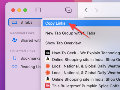 Sélectionner "Copier les liens" dans le menu contextuel de Safari sur Mac.