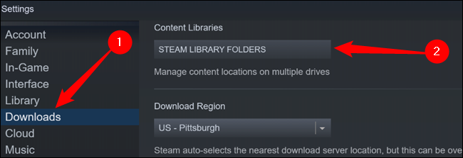Cliquez sur "Téléchargements" sur le côté gauche, puis cliquez sur "Dossiers de la bibliothèque Steam."