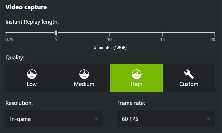 Paramètres de capture vidéo NVIDIA shadowplay