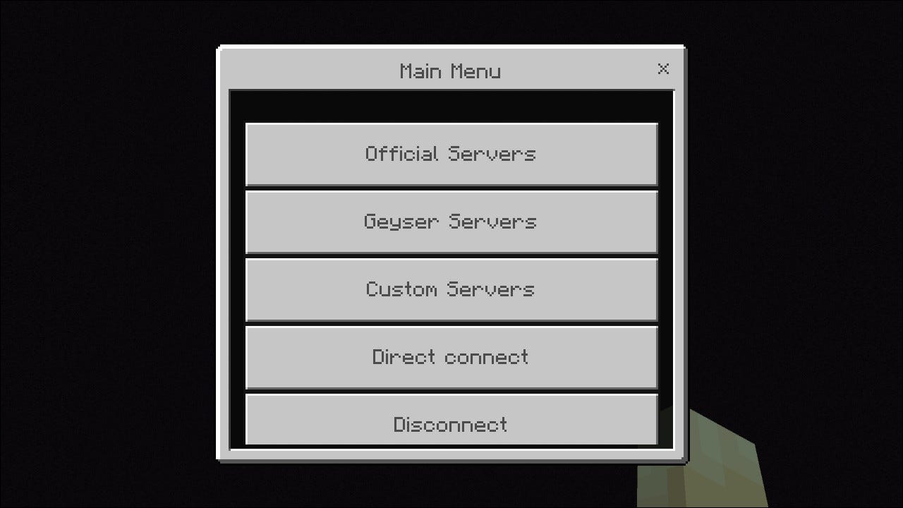 Un écran de menu permettant la connexion à des serveurs Minecraft non officiels sur le Switch.