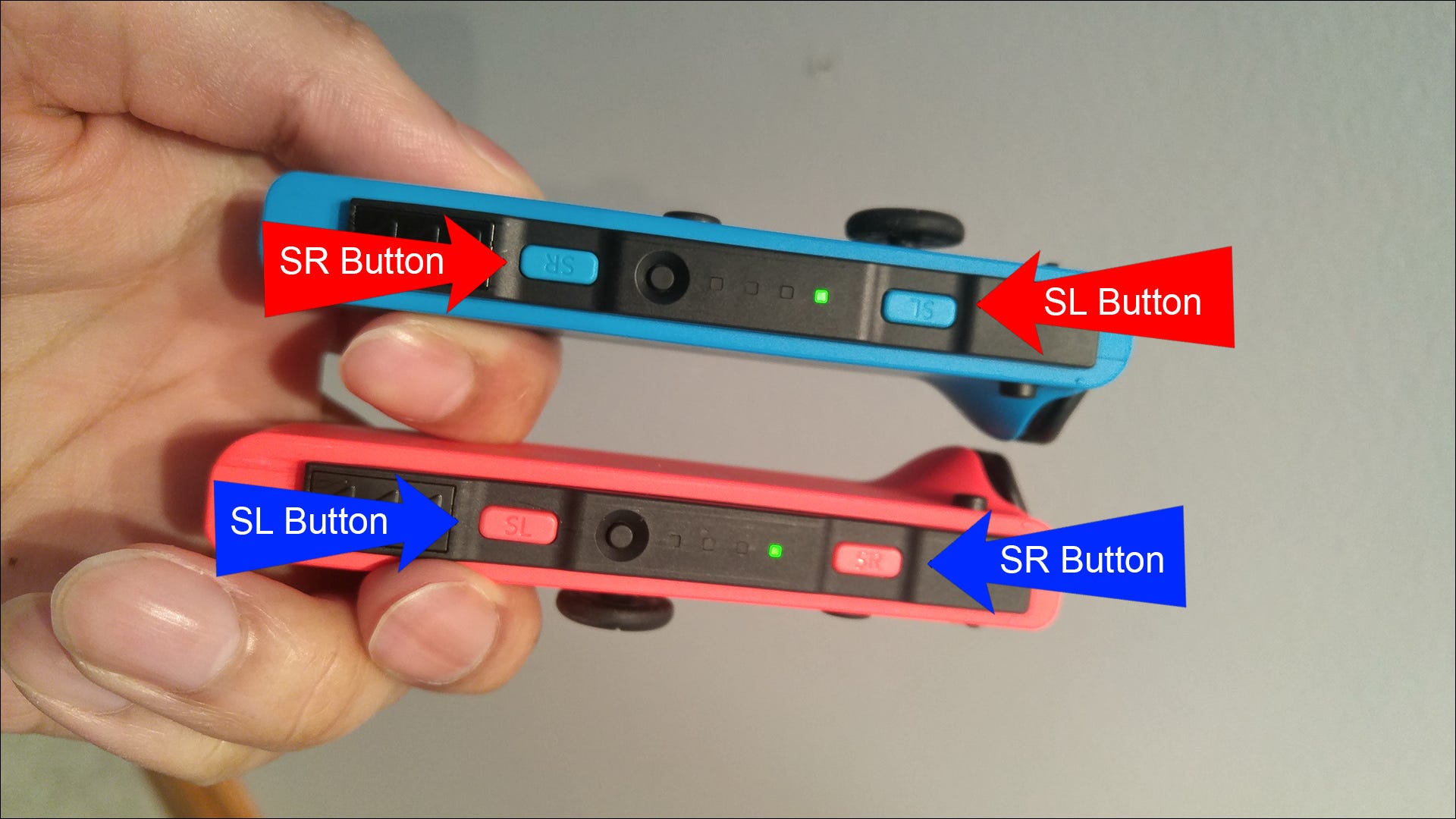 Flèches rouges et bleues pointant vers les boutons SL et SR sur deux Joy-Cons.