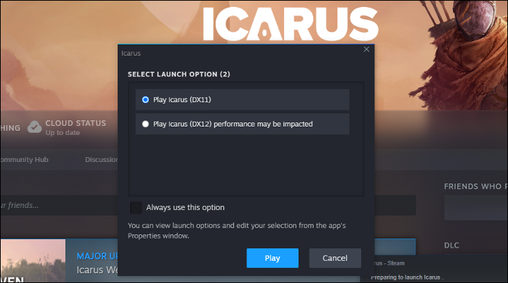 Choisir la version directx pour Icarus dans Steam