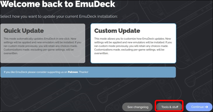 Accédez à Steam Rom Manager en cliquant sur le bouton Tools & Stuff dans EmuDeck