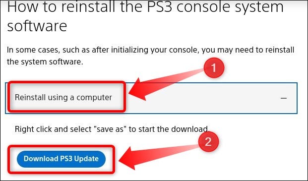 Faites défiler la page suivante jusqu'à ce que vous arriviez à la section Comment réinstaller le logiciel système de la console PS3.  Là, téléchargez le firmware PS3