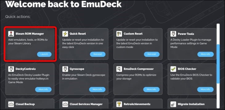 Vous pouvez ouvrir Steam Rom Manager sur la page d'accueil d'Emudeck