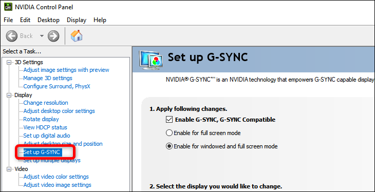 Basculez G-Sync en cliquant sur le menu Configurer G-sync